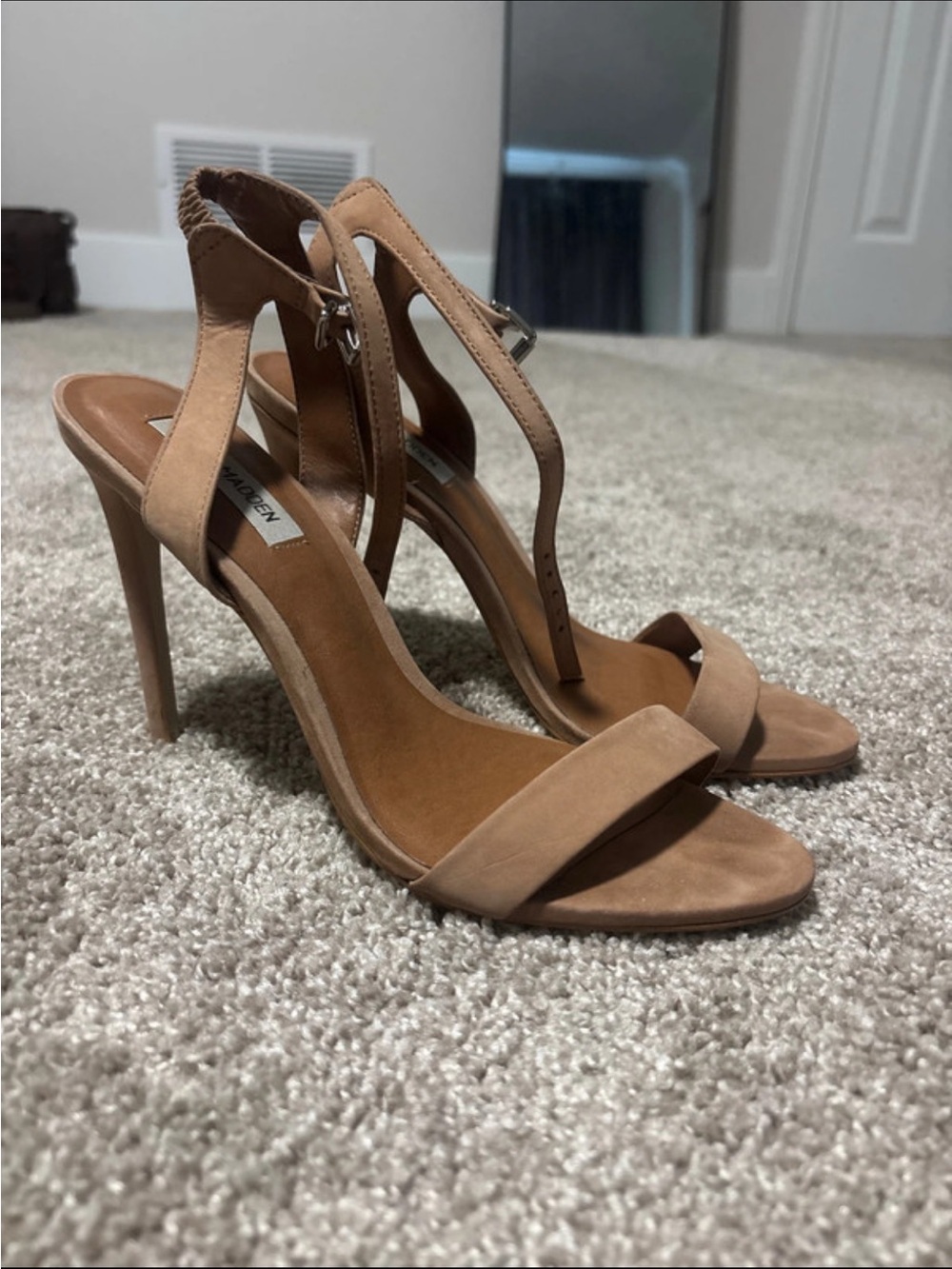 Women’s Nude T-Strap High Heel Sandals - Classic Elegant Style